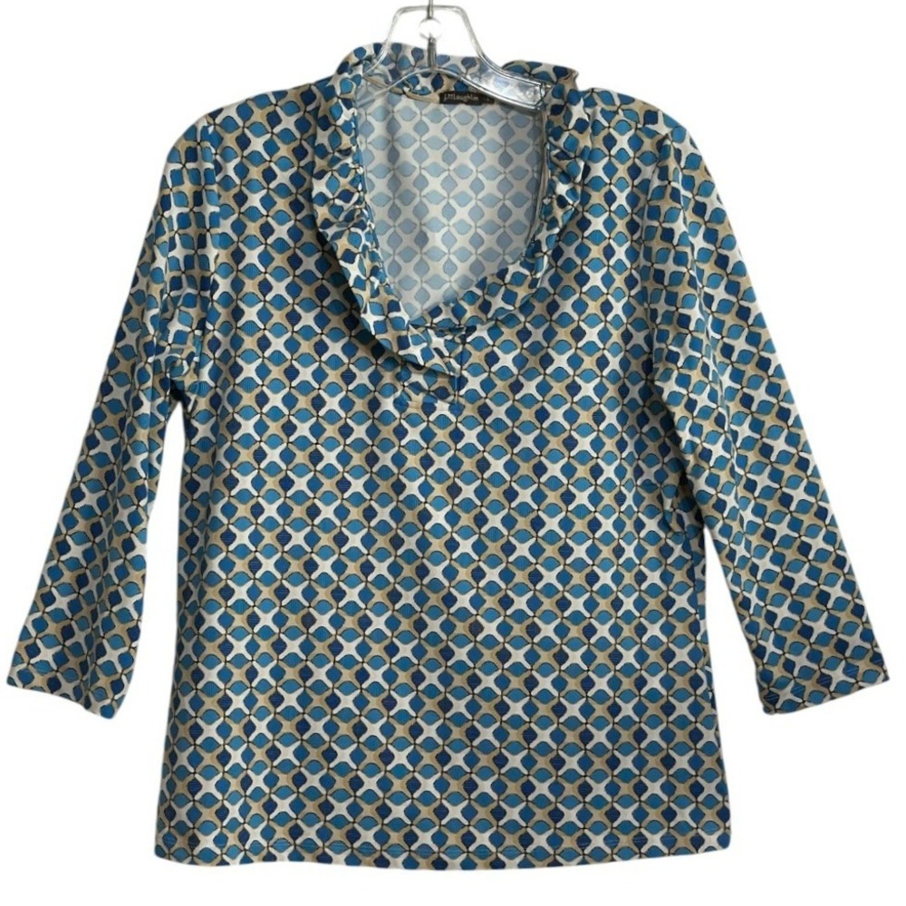 J McLaughlin Catalina Ruffle Neck Blouse Women Blue Lattice 3/4 Sleeve Coastal L